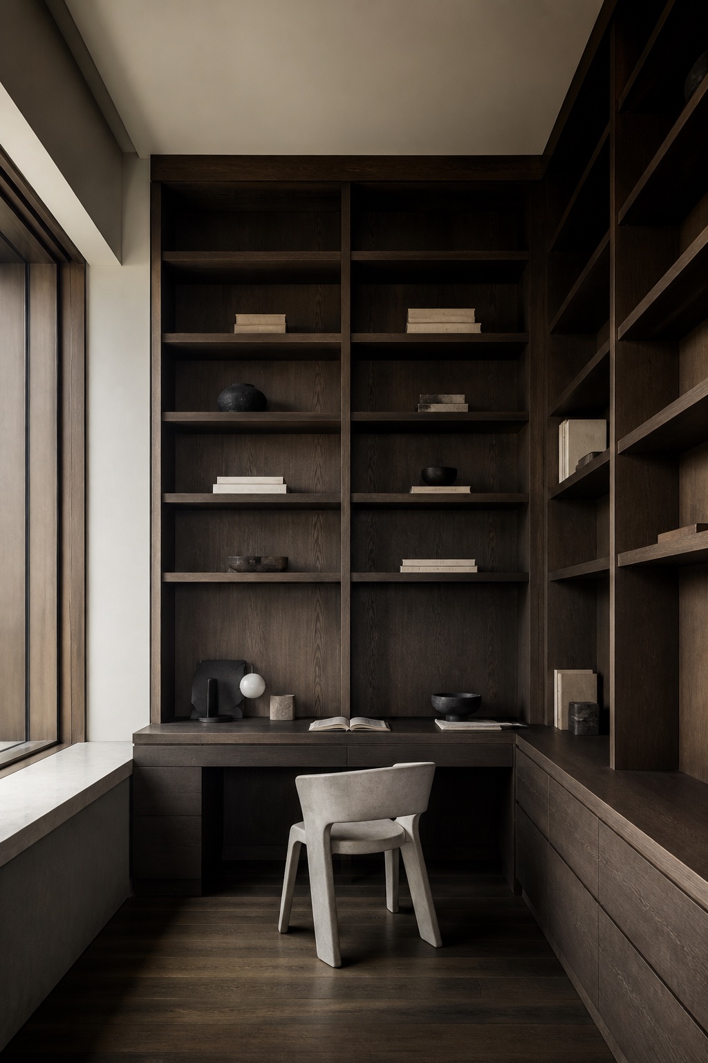 Home office conceitual com biblioteca de marcenaria escura