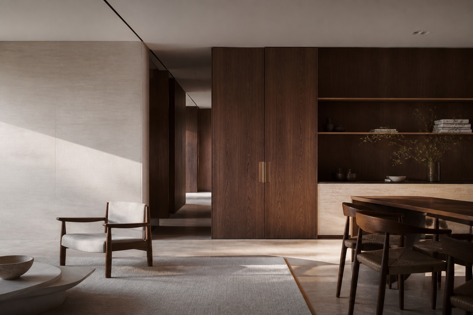 Interior contemporâneo fictício com marcenaria integrada em madeira escura